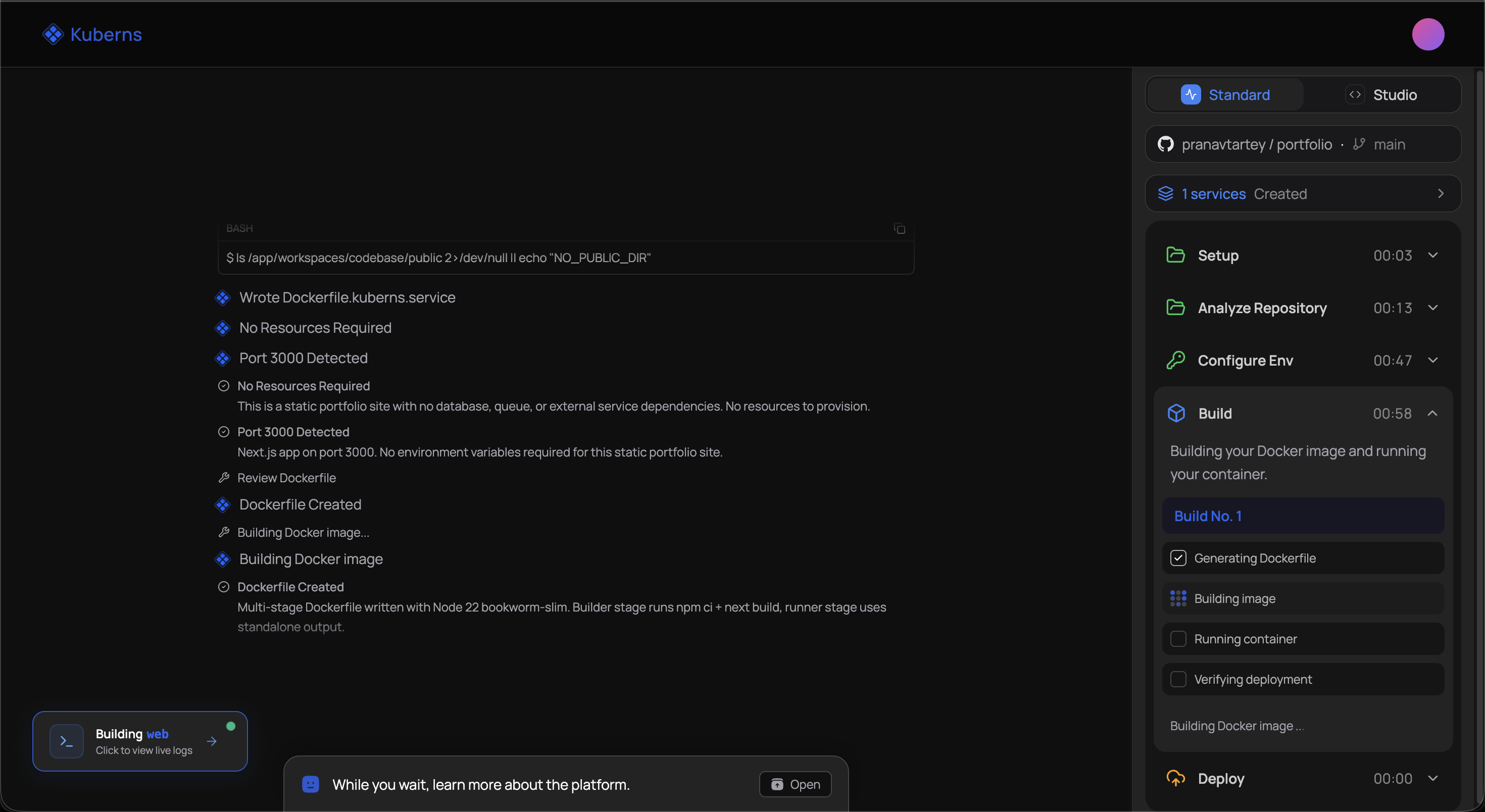 The Kuberns AI agent analyzing a repository: live detection log on the left, and the Setup, Analyze Repository, Configure Env, Build, and Deploy phase stepper on the right