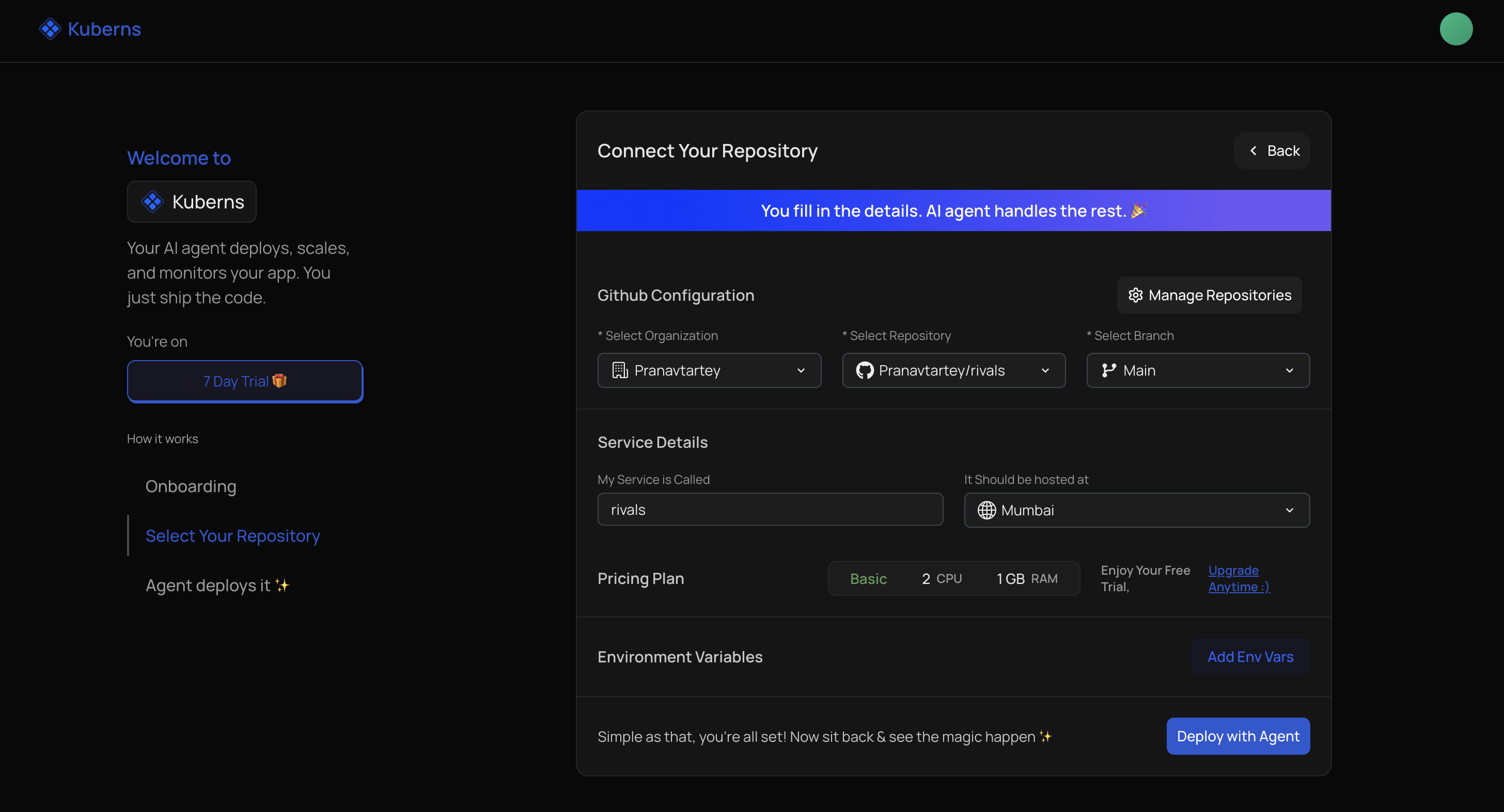 The Connect Your Repository form: GitHub organization, repository, and branch selectors, service name and hosting region, the pricing plan, and an Add Env Vars control above the Deploy with Agent button