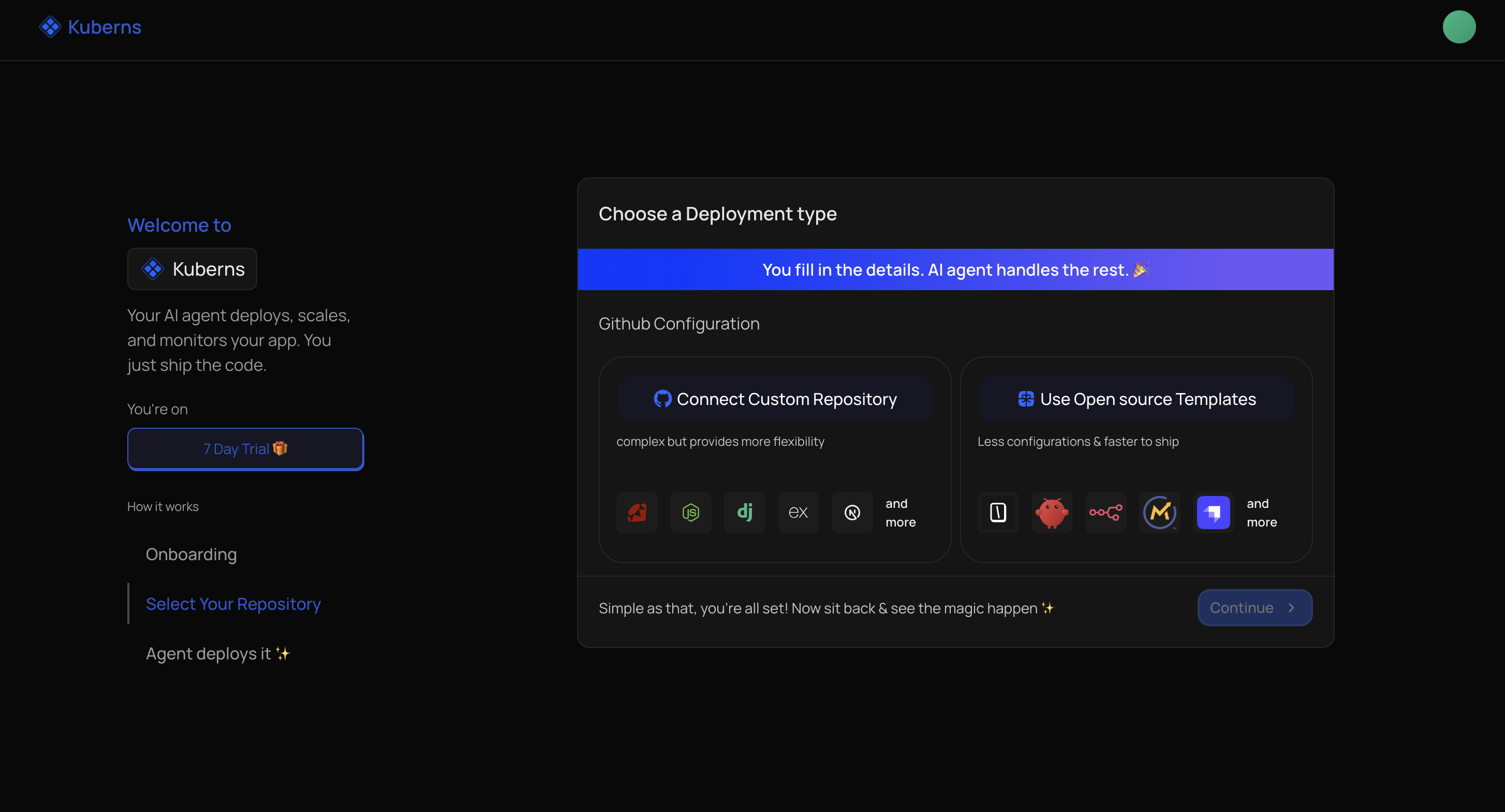Onboarding step 2: choosing a deployment type between Connect Custom Repository and Use Open source Templates