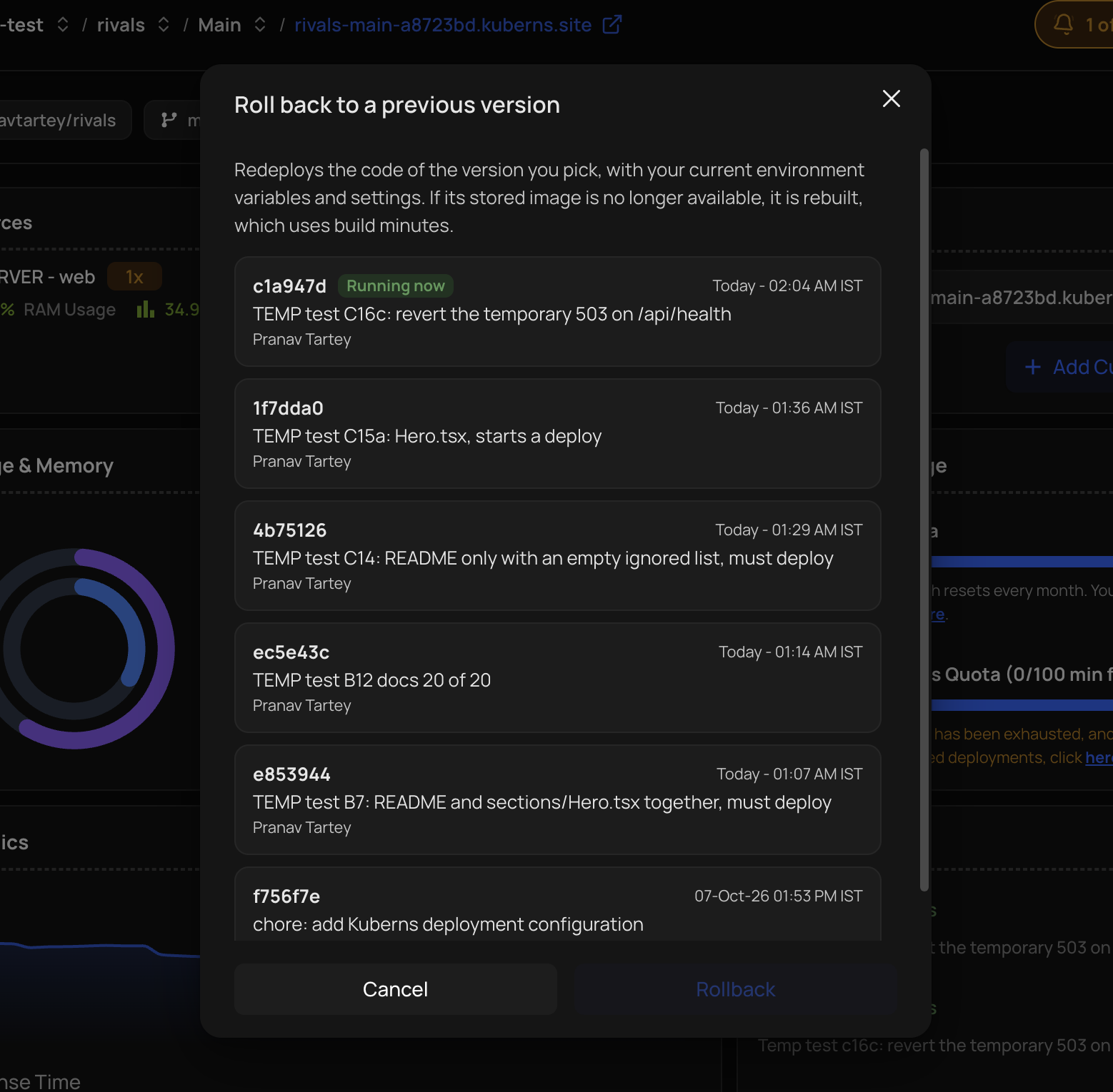 The Roll back to a previous version dialog, listing the running version marked Running now and earlier versions with their short commit id, commit message, author, and time, above Cancel and Rollback buttons