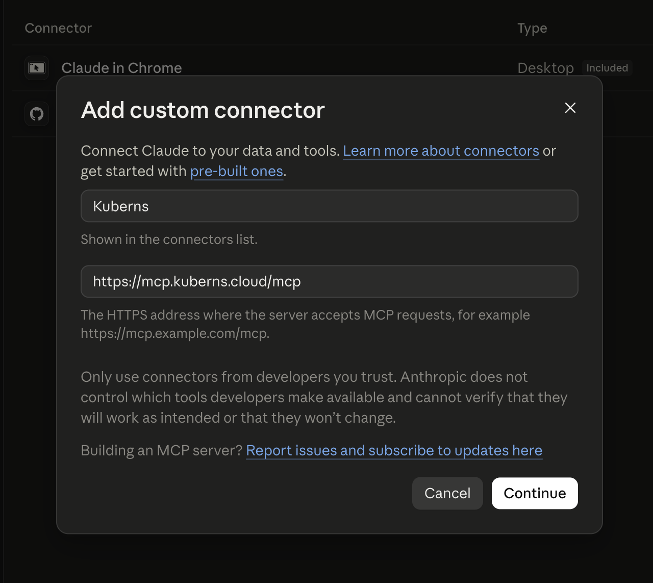 Add custom connector form with Name "Kuberns" and the Kuberns MCP URL filled in