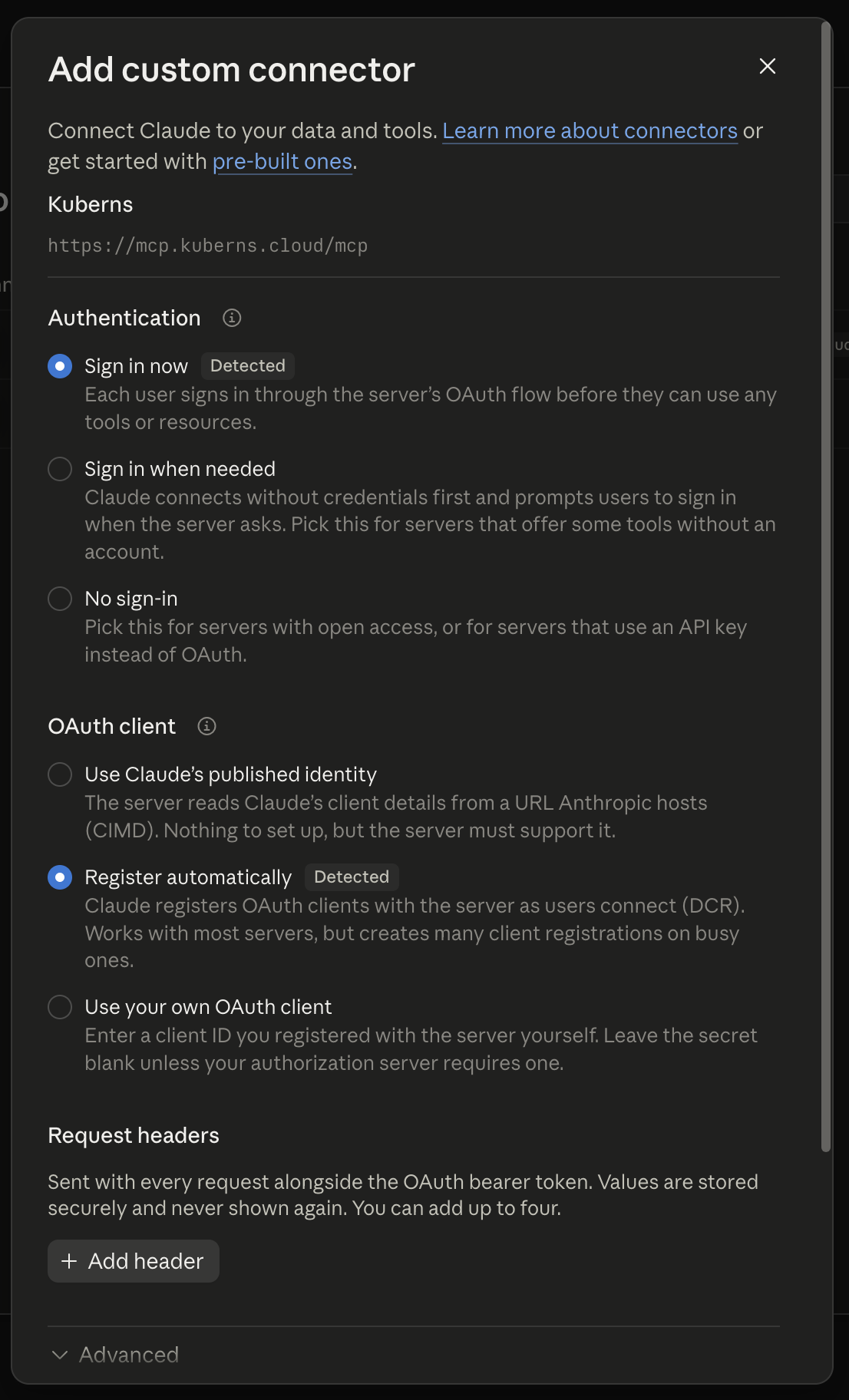 Authentication and OAuth client options, with "Sign in now" and "Register automatically" selected and marked Detected