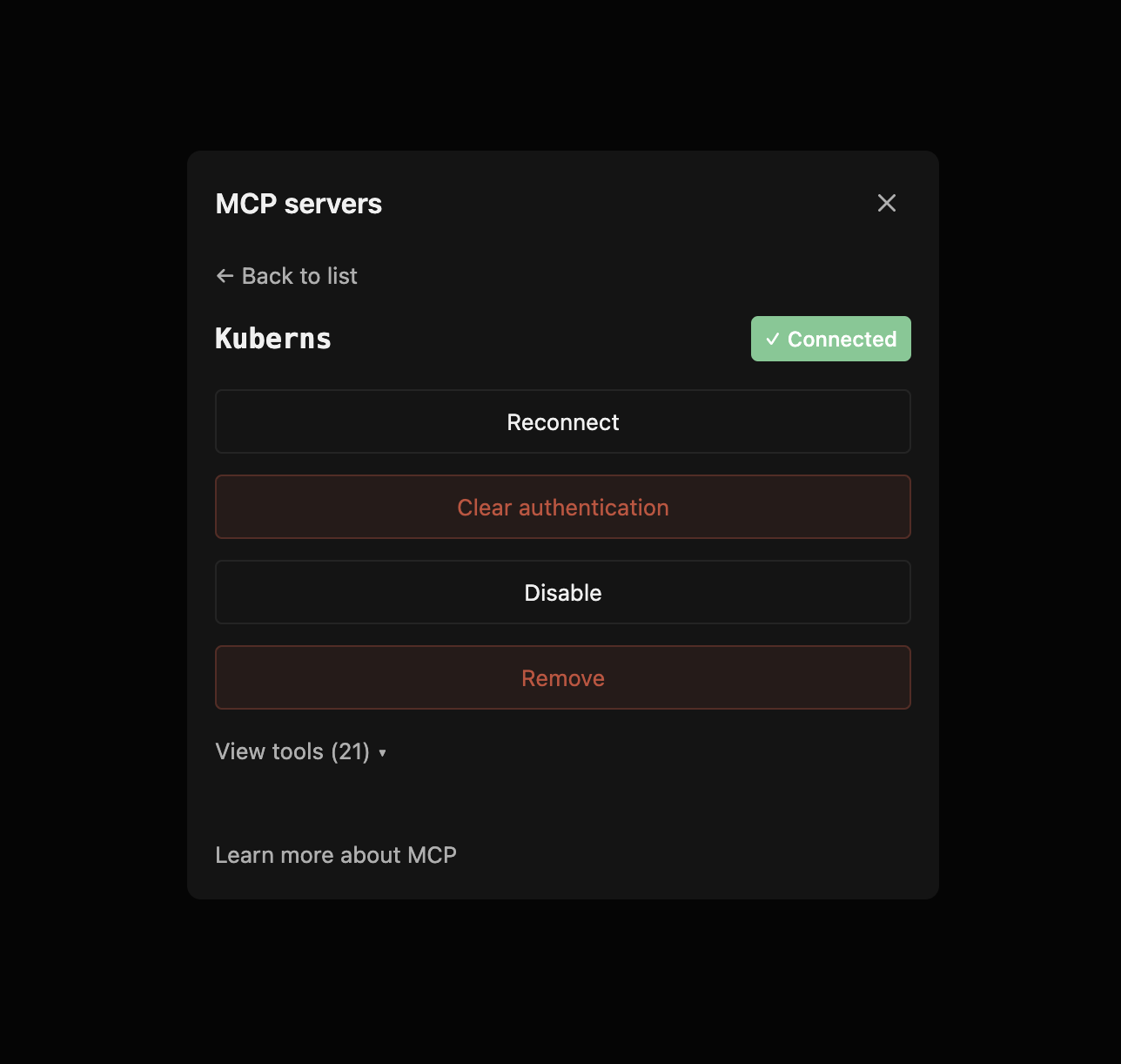 The Kuberns server detail panel showing "Connected" and "View tools (21)"