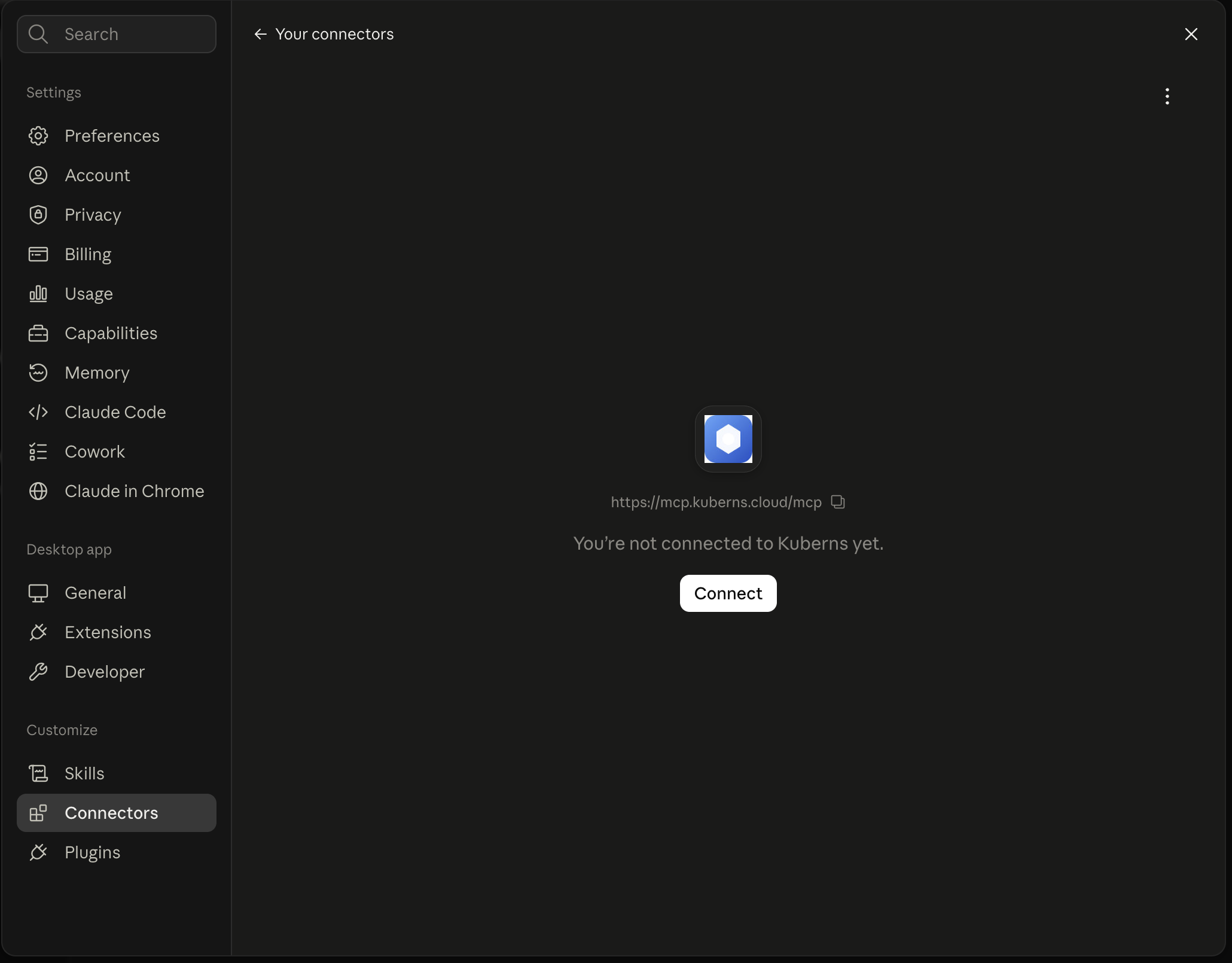 The Kuberns connector page reading "You're not connected to Kuberns yet." with a Connect button