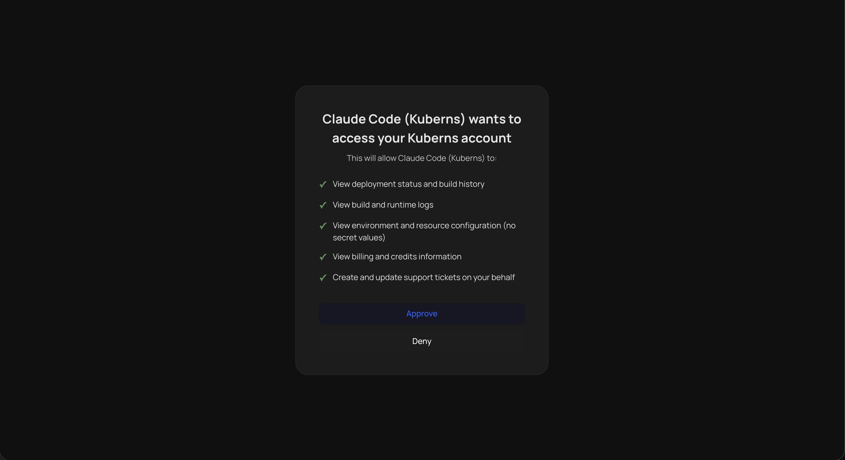 Consent screen: "Claude Code (Kuberns) wants to access your Kuberns account," listing scopes, with Approve and Deny buttons