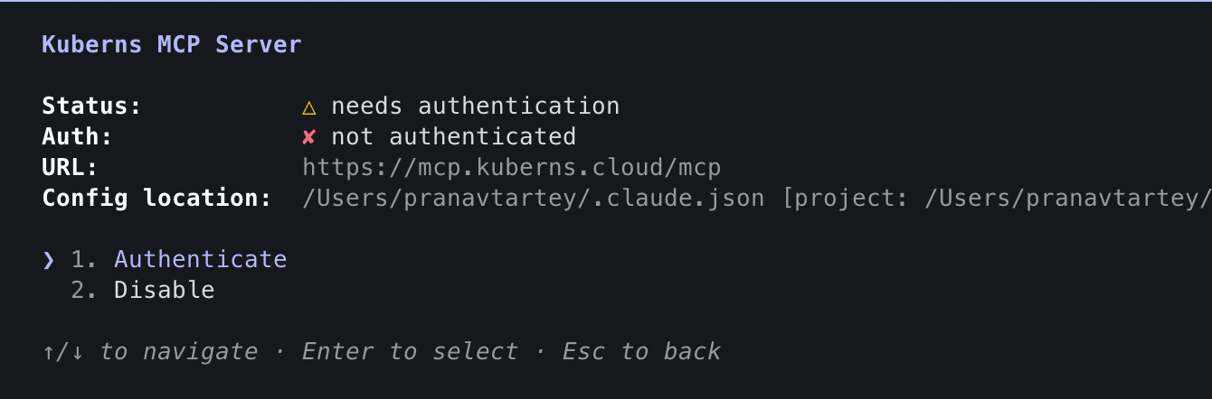 The Kuberns MCP Server detail view: status, auth, URL, and an Authenticate option