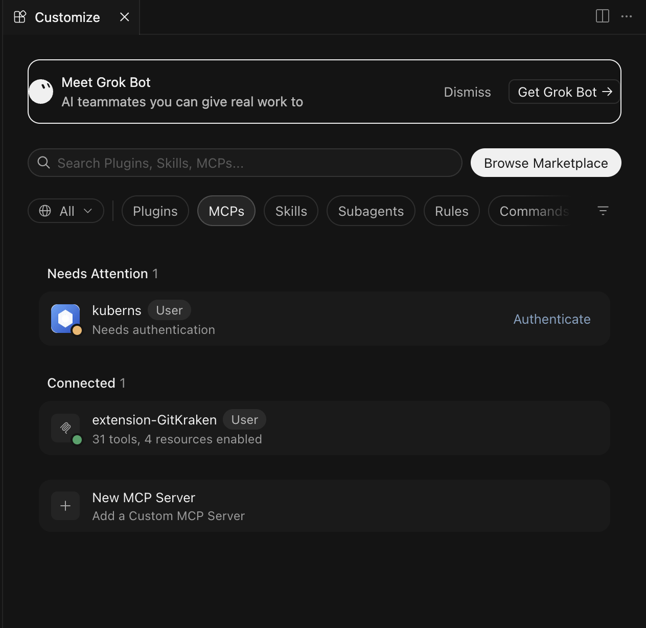 The Customize MCPs panel showing "kuberns · Needs authentication" with an Authenticate link