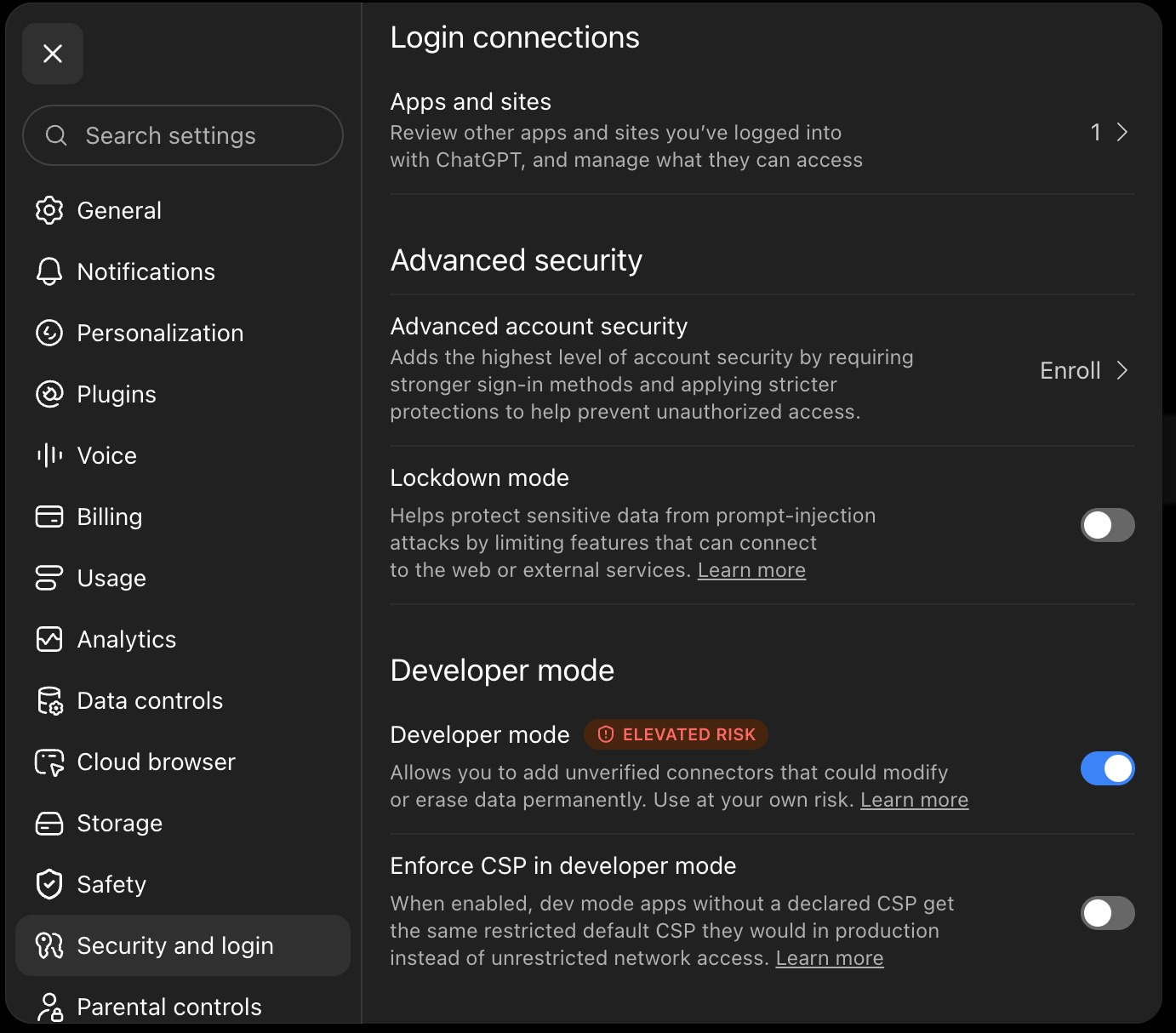 The Developer mode toggle under Security and login → Advanced security