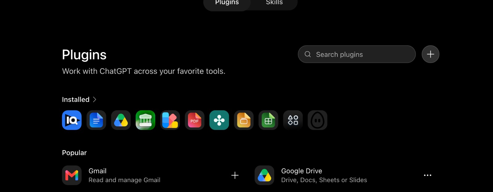 The Plugins page with a "+" button to add a new plugin