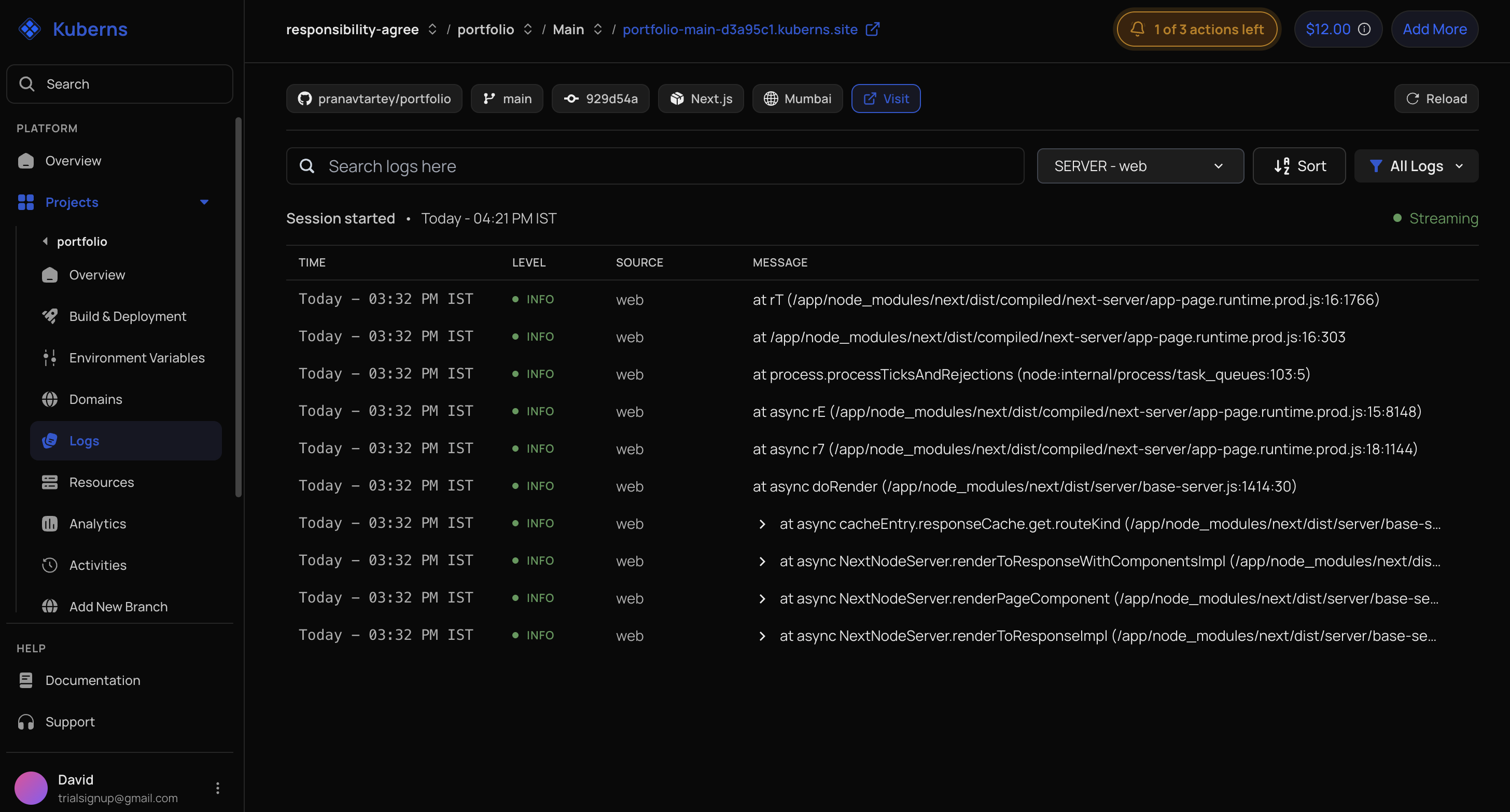 The environment's Logs tab streaming logs for the web process, each line showing a timestamp, level, source, and message