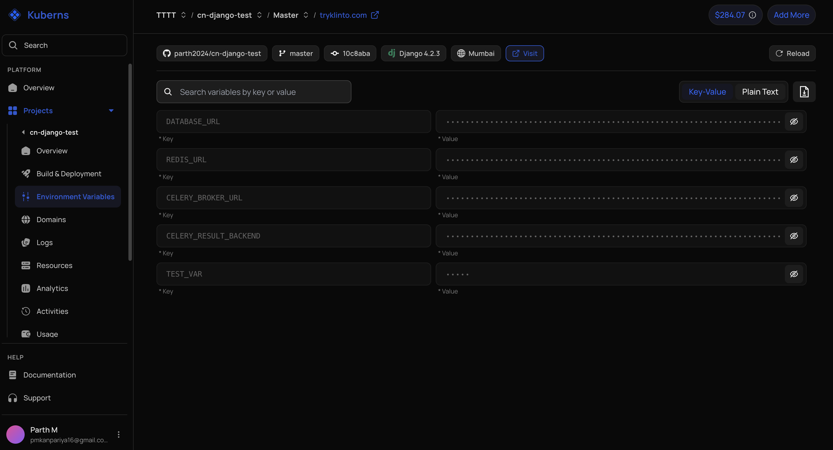 The environment's Environment Variables tab listing DATABASE_URL, REDIS_URL, CELERY_BROKER_URL, and CELERY_RESULT_BACKEND, with every value masked