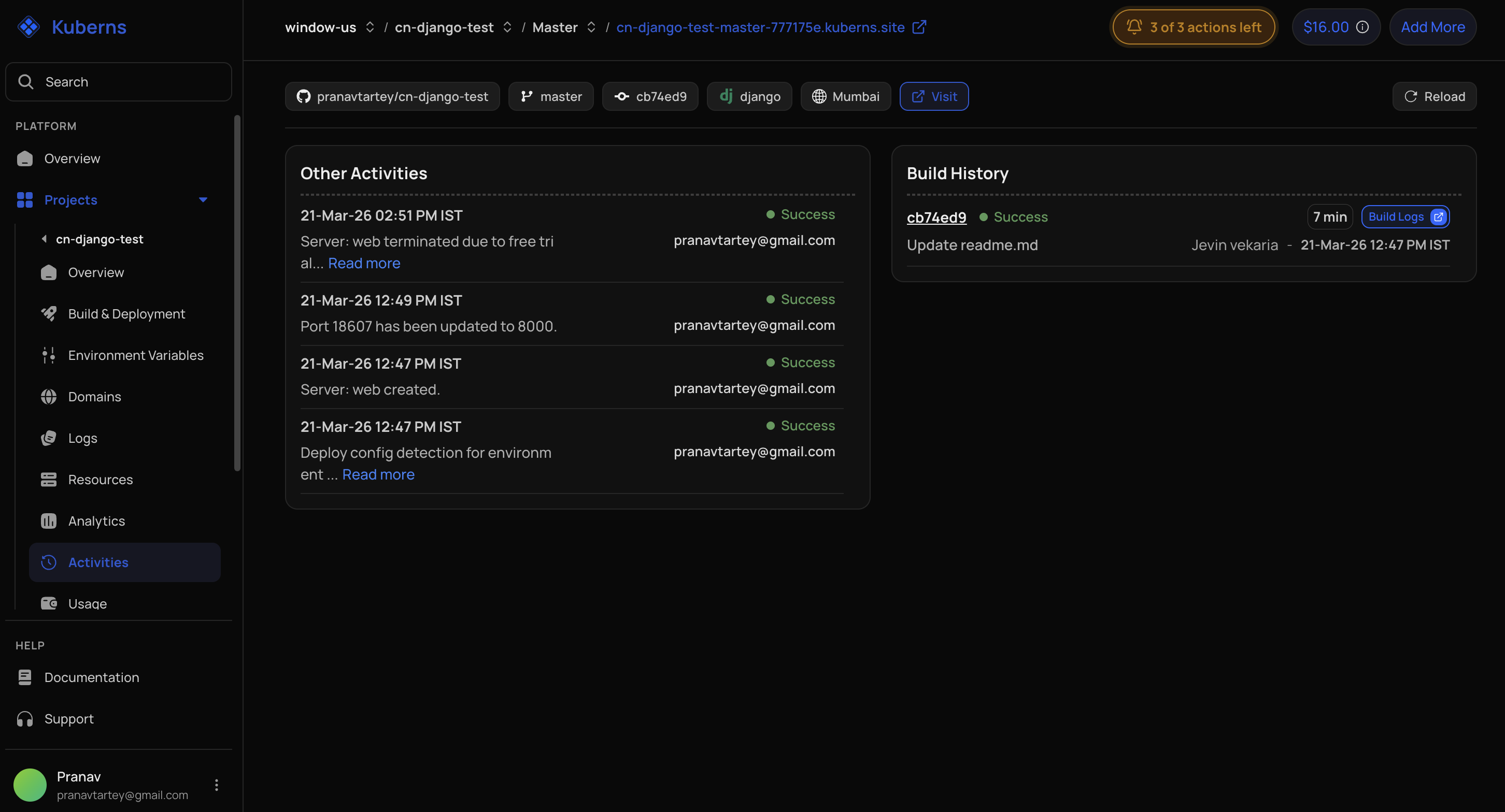 The Activities tab: an Other Activities feed of timestamped entries with status and the acting user, beside a Build History panel showing the commit, result, and duration