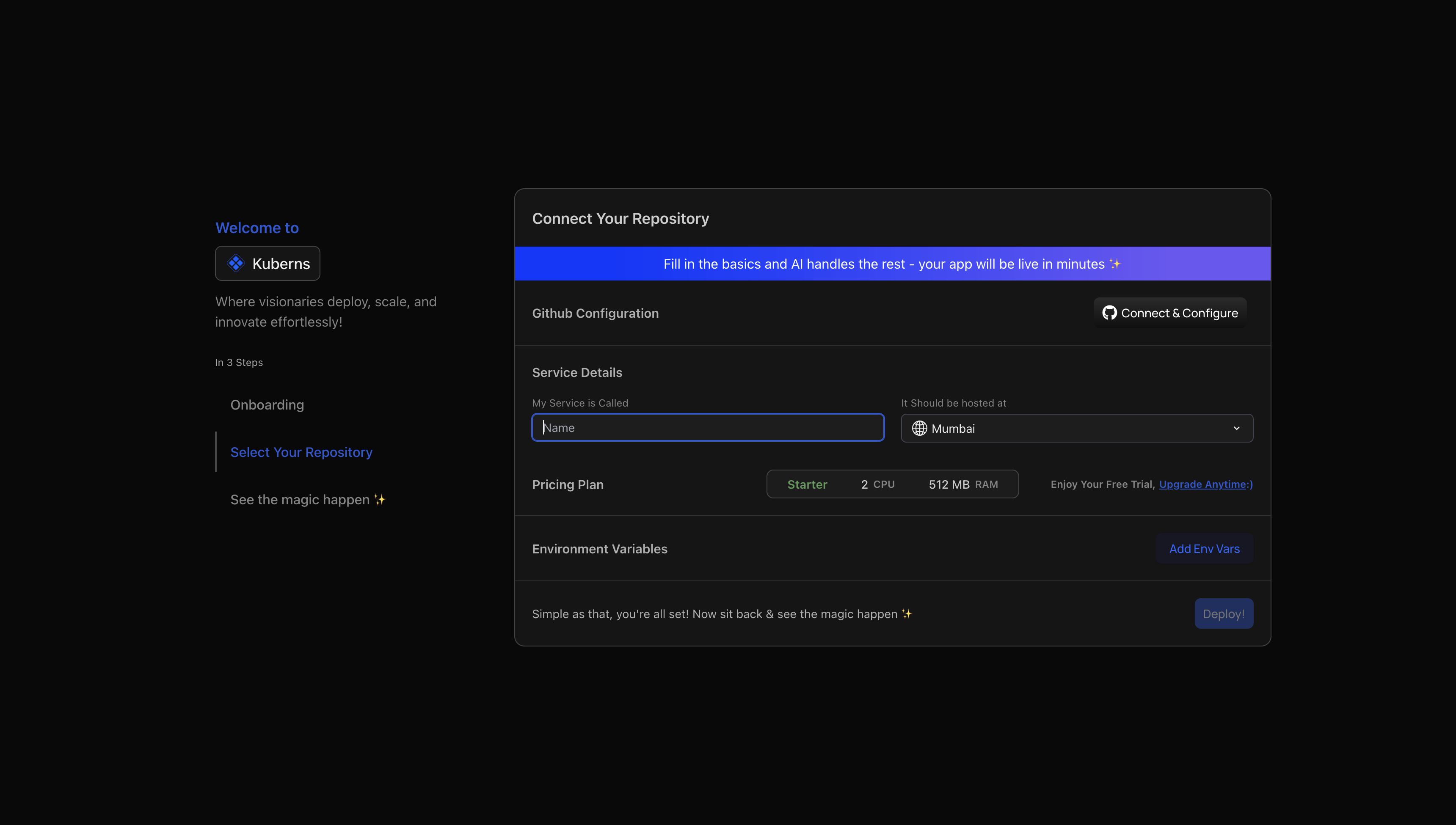 The Kuberns Connect Your Repository screen before a provider is linked, with a Connect and Configure button, service name and region fields, and a Deploy button