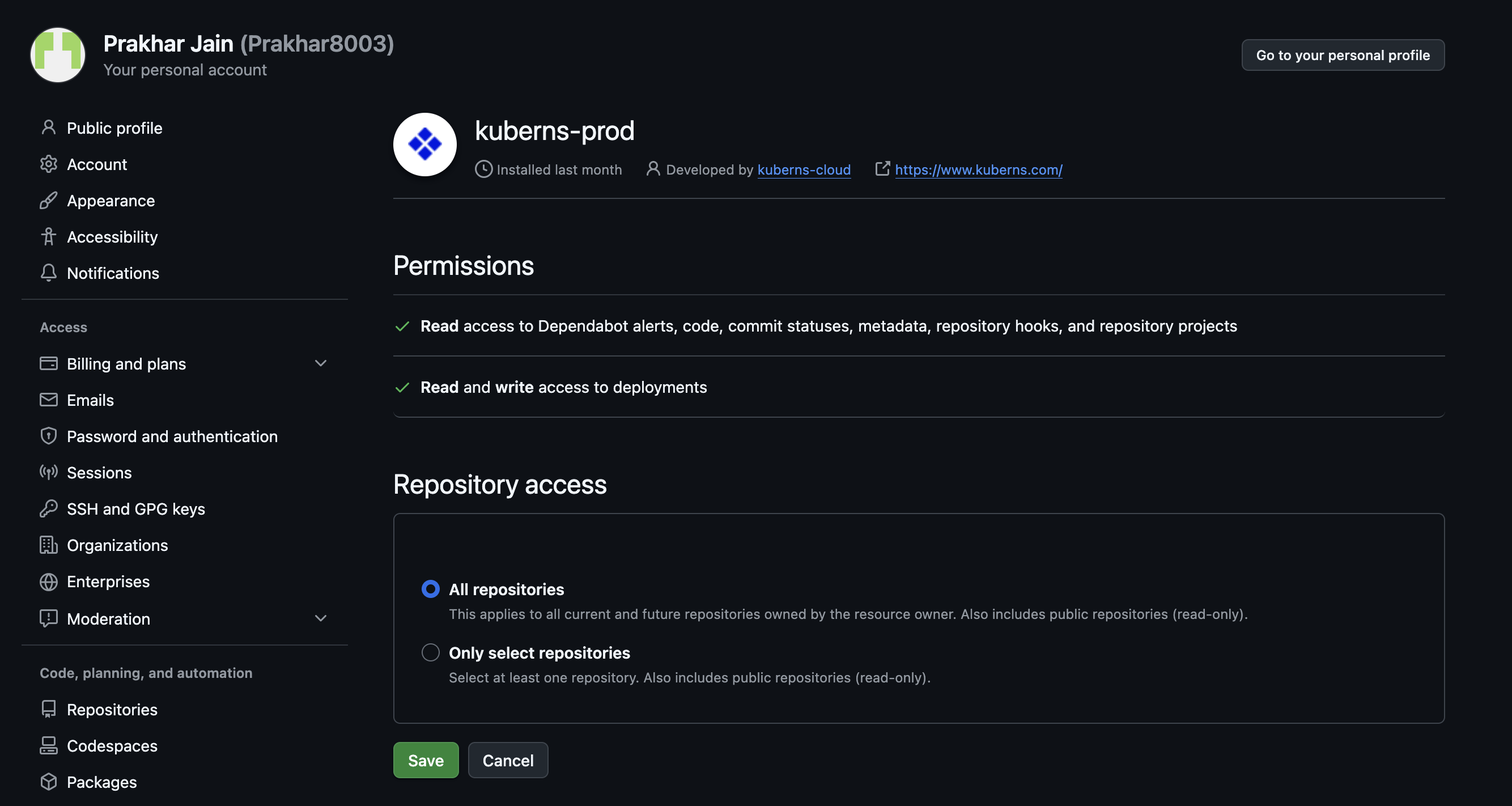 The GitHub app installation screen for kuberns-prod, showing its read and write permissions and the choice between all repositories and selected repositories