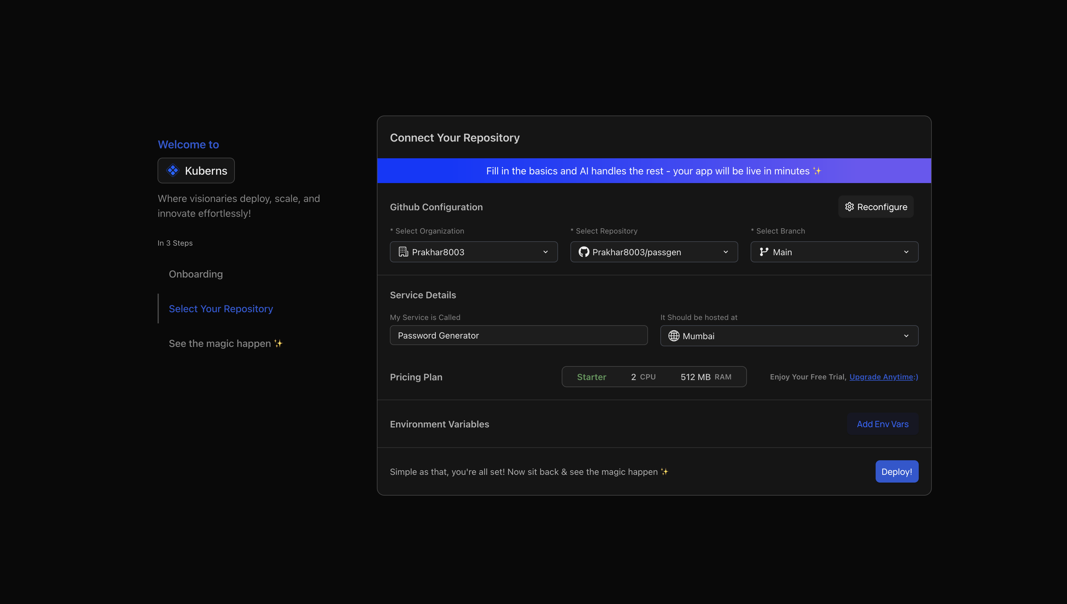 The Connect Your Repository screen filled in: organization, repository, and branch selected, a service name entered, a region chosen, and a Starter plan showing 2 CPU and 512 MB RAM