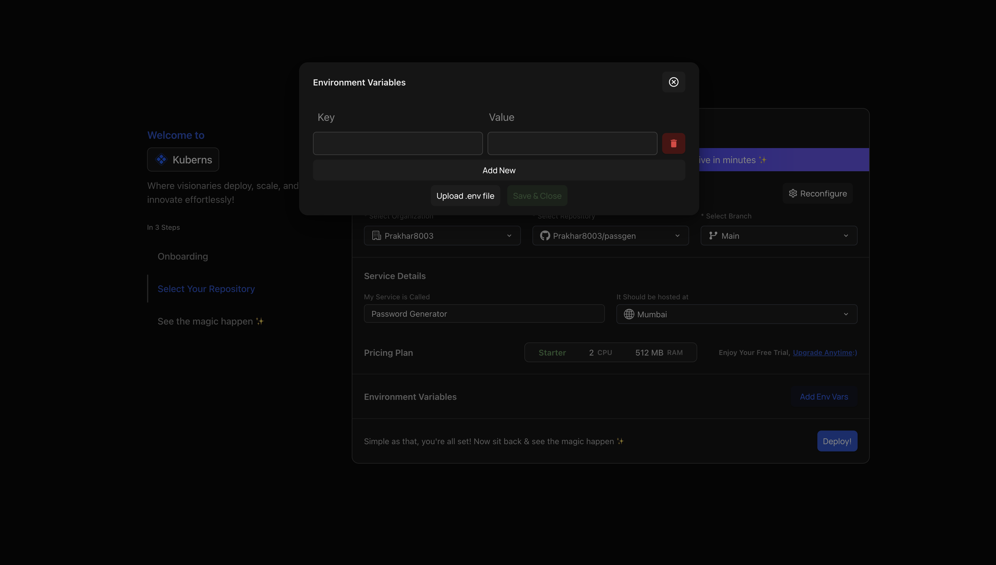 The Environment Variables dialog with empty key and value fields, an Add New button, and an Upload .env file option