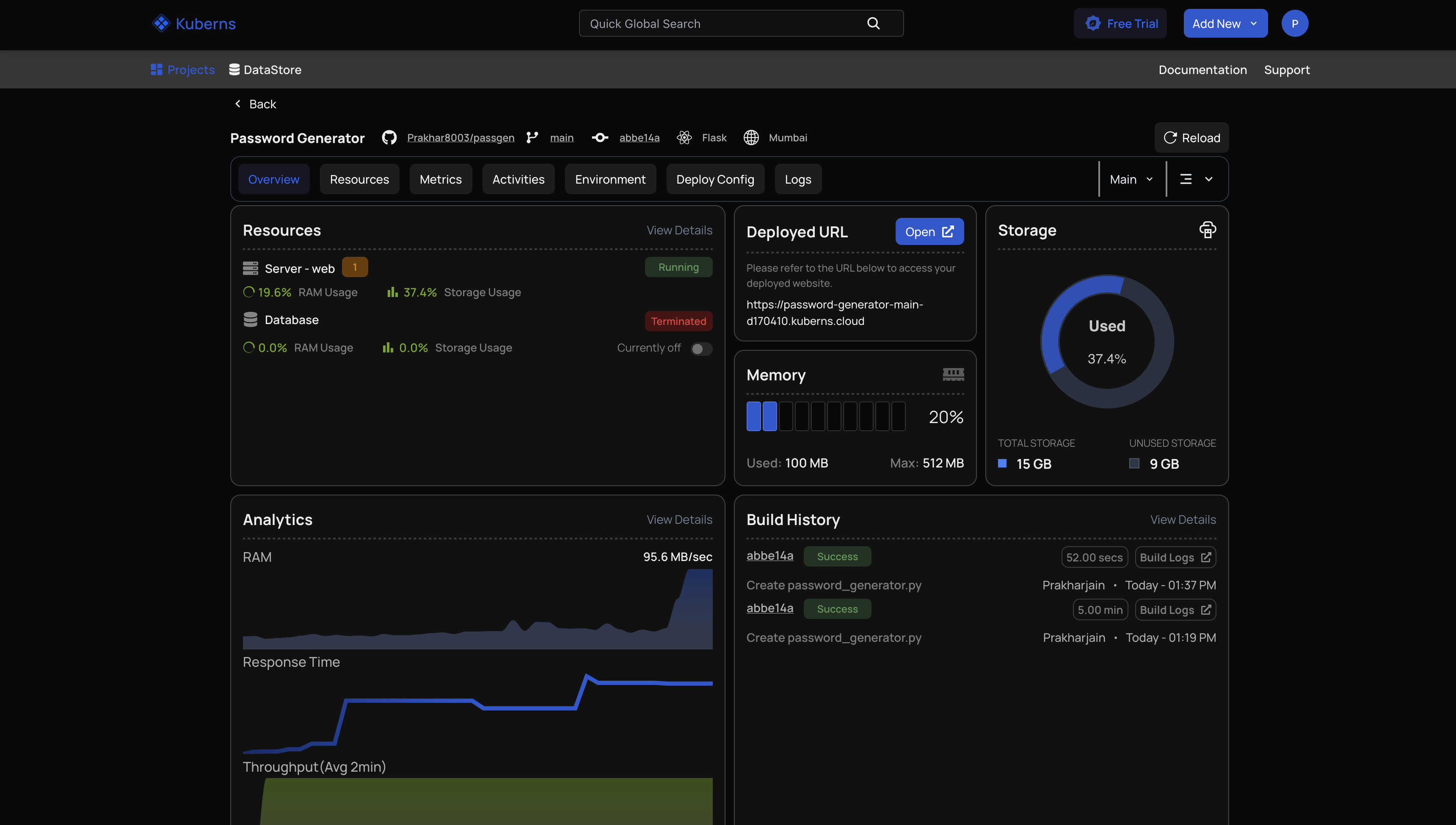 The environment overview showing the deployed URL, a running server resource, memory and storage usage, analytics, and build history