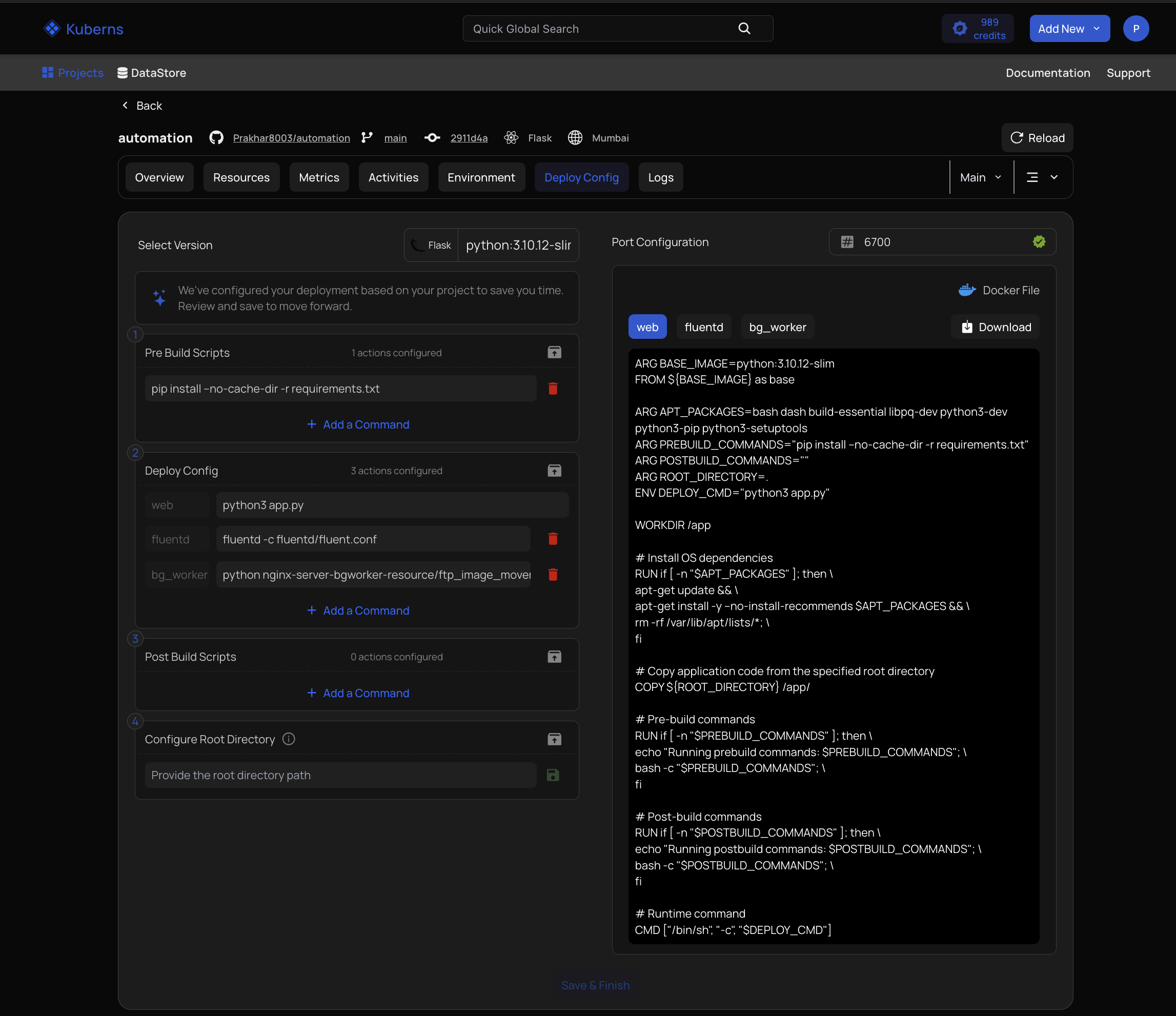 The Deploy Config screen showing pre-build scripts, per-process deploy commands, post-build scripts, a root directory field, the detected port, and the generated Dockerfile